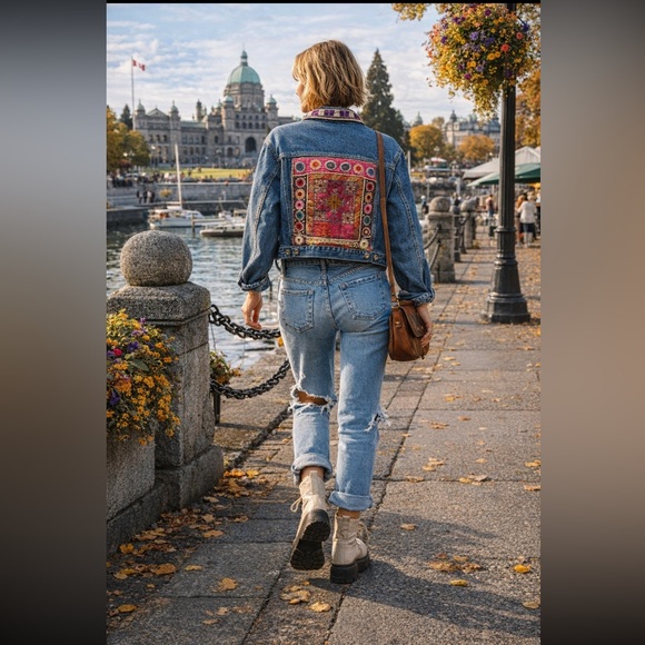 Esprit Jackets & Blazers - Upcycled Denim Embellished Handmade Jacket with Purple Accent Collar size M.